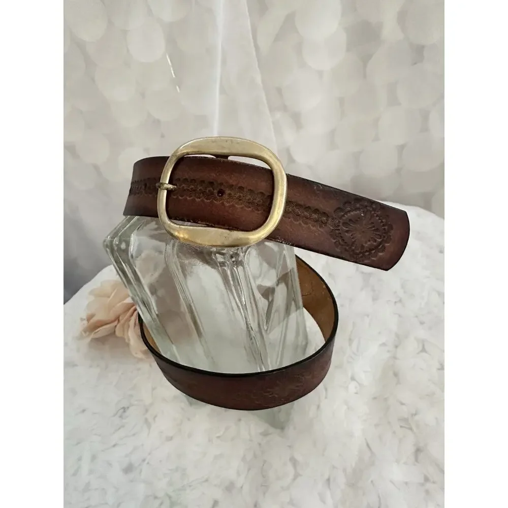 VTG TOOLED buckle belt RUSTIC cowhide 36 leegin WESTERN brown leather cowboy
